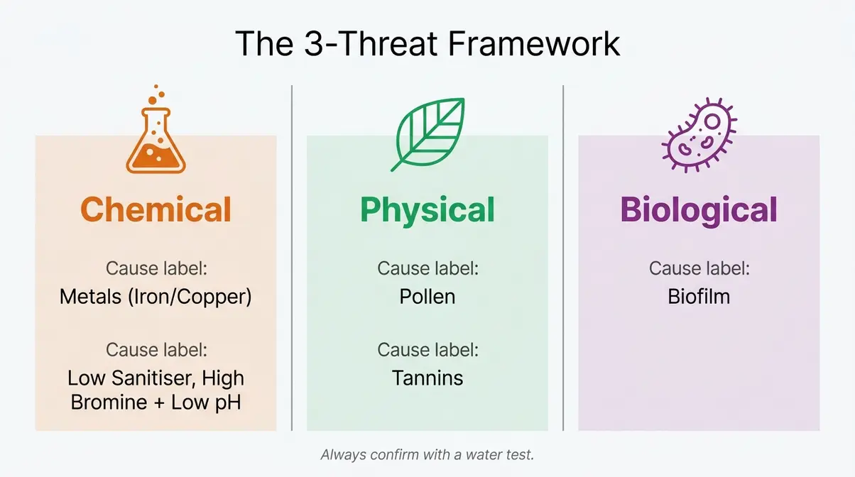 Why Is My Hot Tub Water Yellow? 6 Causes & Fixes 2 The 3-Threat Framework diagram dividing yellow hot tub water causes into Chemical, Physical, and Biological categories