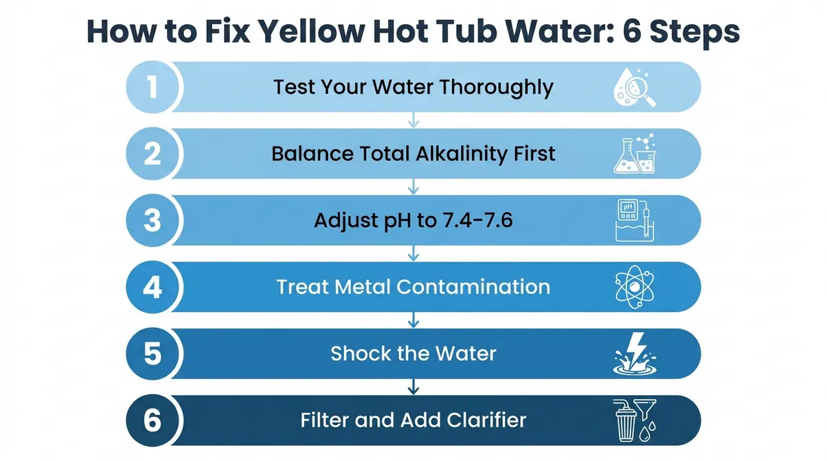 Why Is My Hot Tub Water Yellow? 6 Causes & Fixes 7 Six-step flowchart for fixing yellow hot tub water from testing to filtering with blue gradient steps