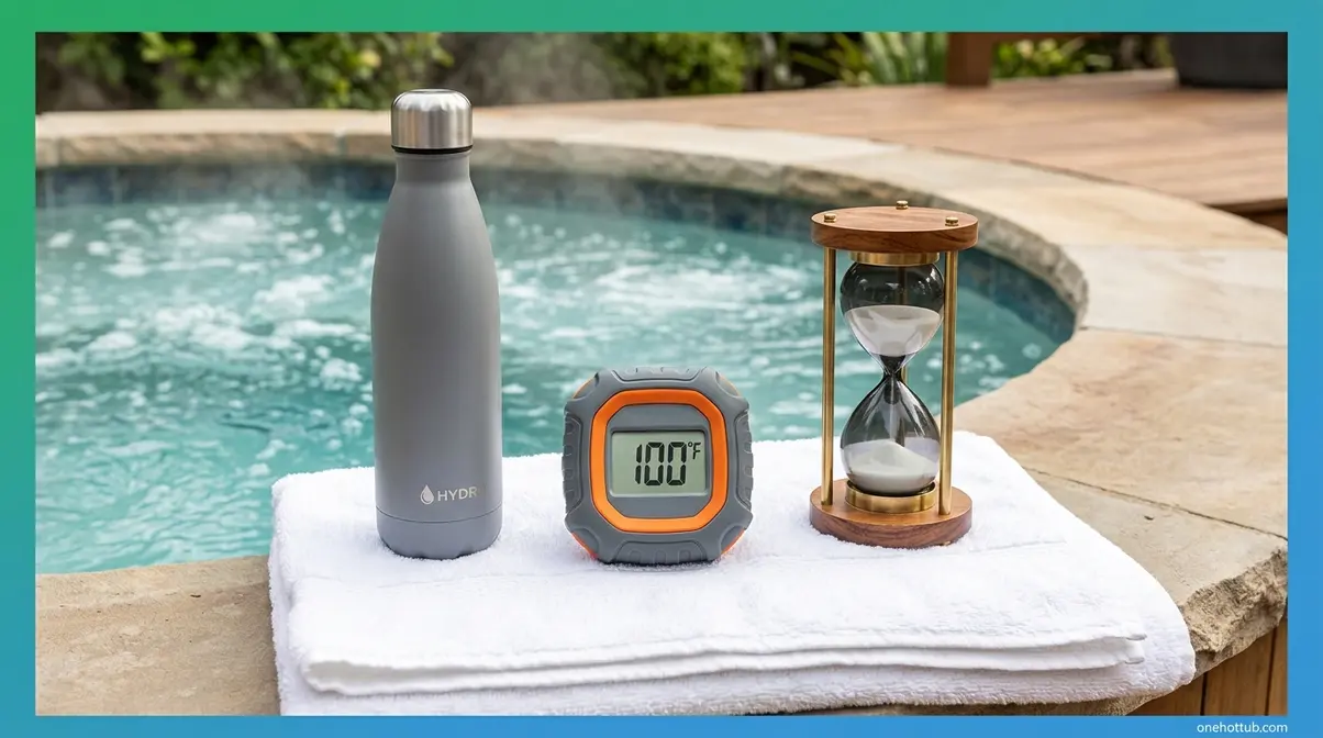 Hot Tub While Breastfeeding Safe? 6 Essential Rules (2025) 3 Thermometer timer and water bottle showing hot tub safety protocol