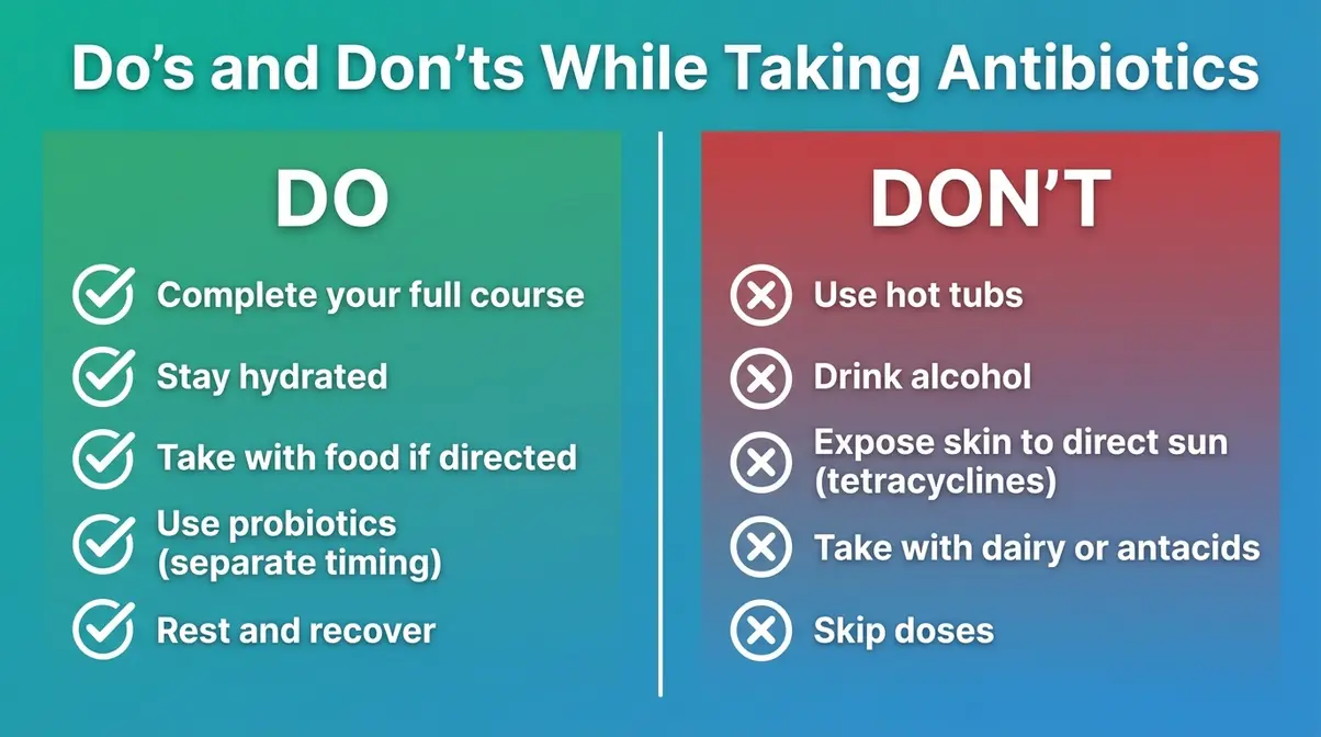 Hot Tub on Antibiotics: Is It Safe? 2026 Expert Guide 5 Checklist infographic of activities and substances to avoid while taking antibiotics including hot tubs and alcohol