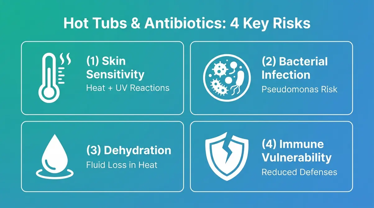 Hot Tub on Antibiotics: Is It Safe? 2026 Expert Guide 2 Infographic showing four key risks of hot tub use while on antibiotics including skin sensitivity and bacterial infection