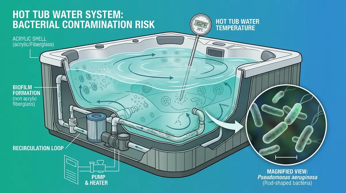Hot Tub on Antibiotics: Is It Safe? 2026 Expert Guide 6 Scientific illustration of Pseudomonas aeruginosa bacteria thriving in hot tub warm water environment
