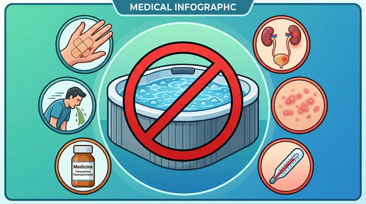 Hot Tub on Antibiotics: Is It Safe? 2026 Expert Guide 7 Medical illustration showing six contraindications for hot tub use during antibiotic treatment including open wounds and fever