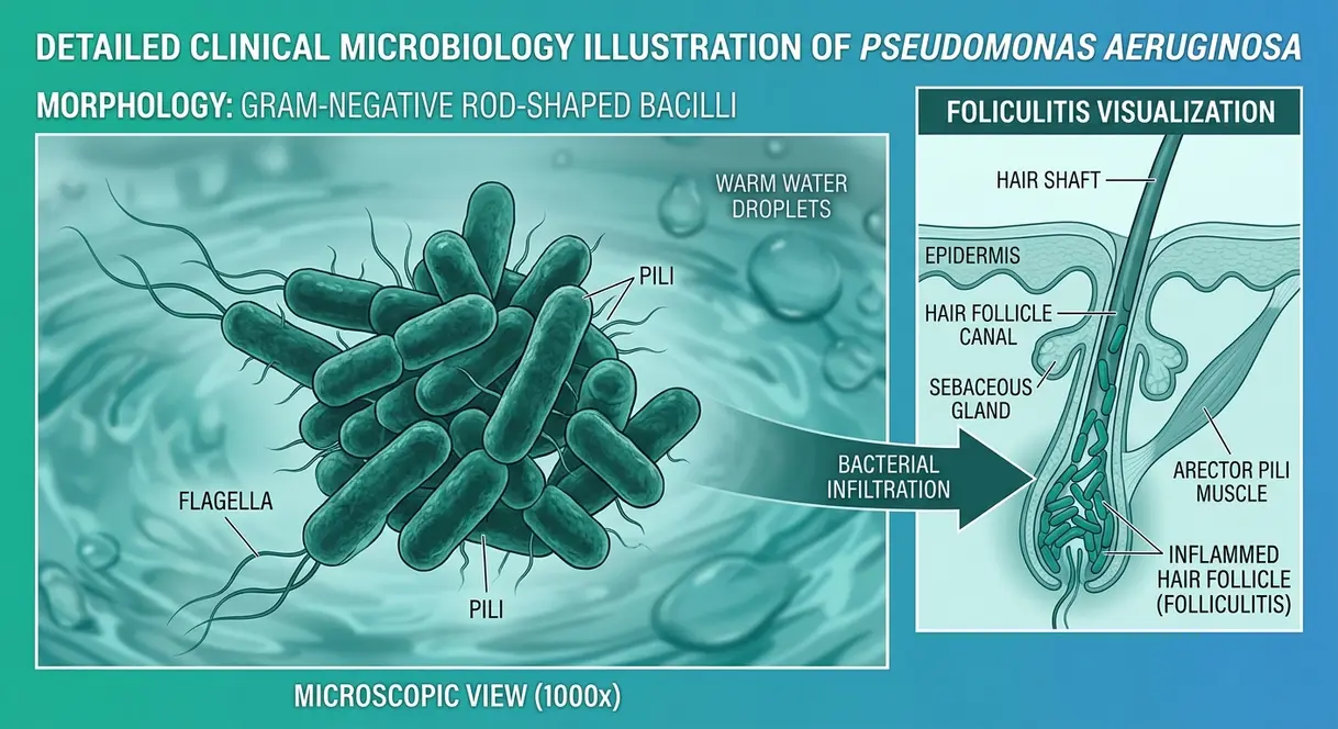 Hot Tub on Antibiotics: Is It Safe? 2026 Expert Guide 8 Detailed illustration of Pseudomonas aeruginosa bacteria causing hot tub folliculitis in hair follicles