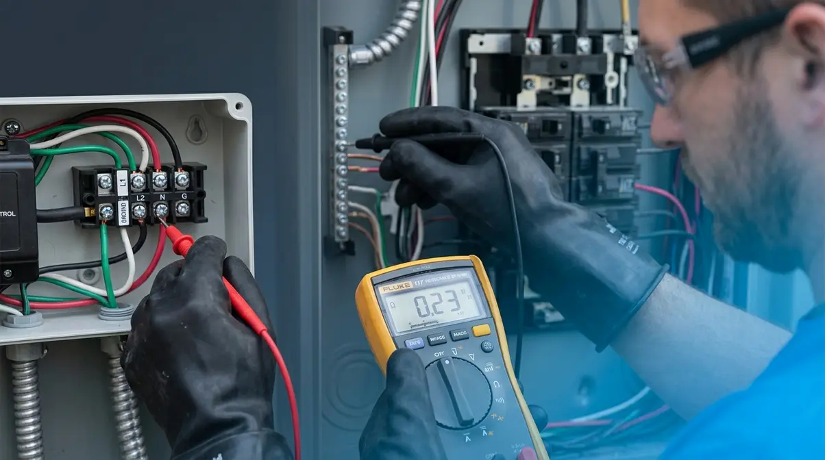 Hot Tub Wiring How To: NEC-Compliant Guide (2026) 5 Electrician testing hot tub ground continuity with digital multimeter showing sub-1-ohm reading