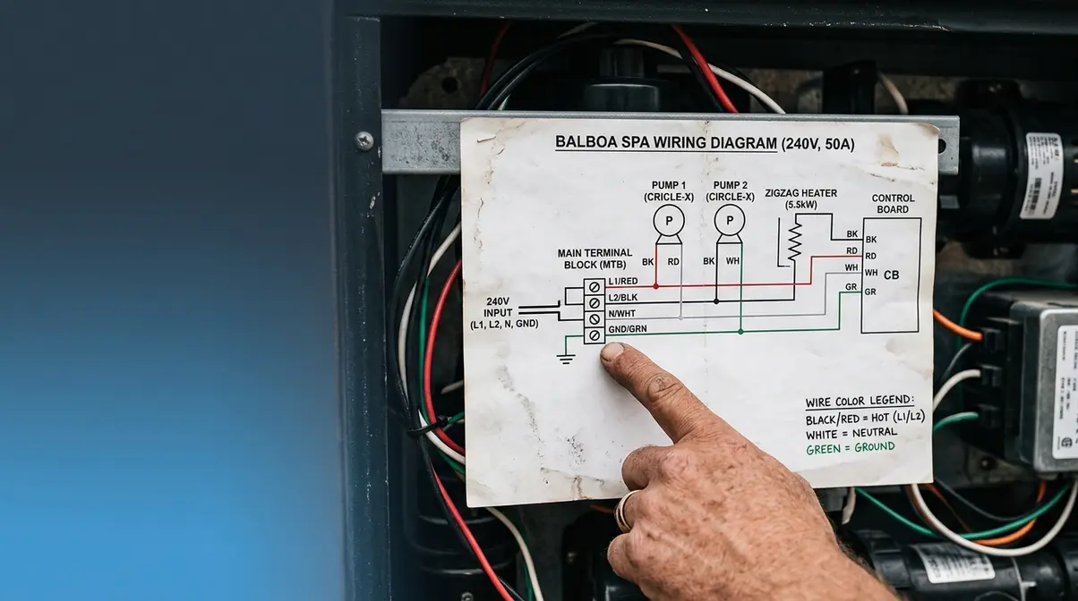 Hot Tub Wiring How To: NEC-Compliant Guide (2026) 4 Hot tub wiring diagram inside equipment compartment showing circuit symbols and wire color legend