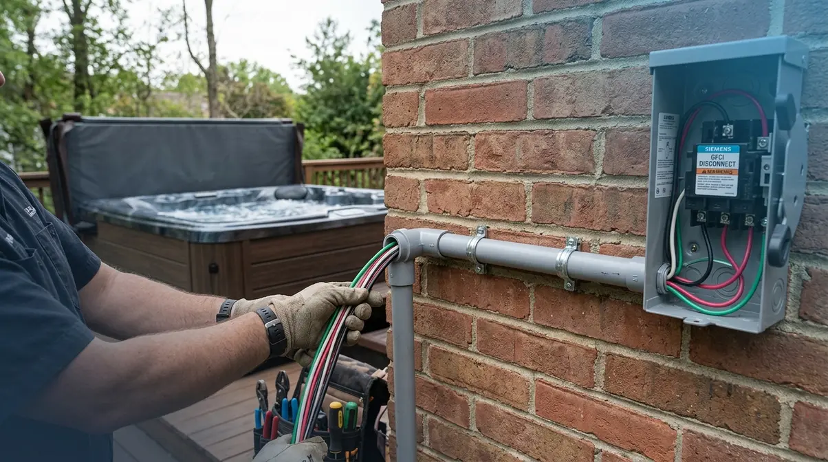 Hot Tub Wiring How To: NEC-Compliant Guide (2026) 2 Electrician pulling THHN wire through outdoor conduit during hot tub wiring installation