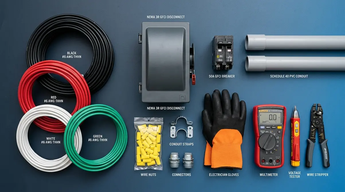 Hot Tub Wiring How To: NEC-Compliant Guide (2026) 1 Hot tub wiring materials including THHN wire, GFCI breaker, conduit, and tools laid out for installation