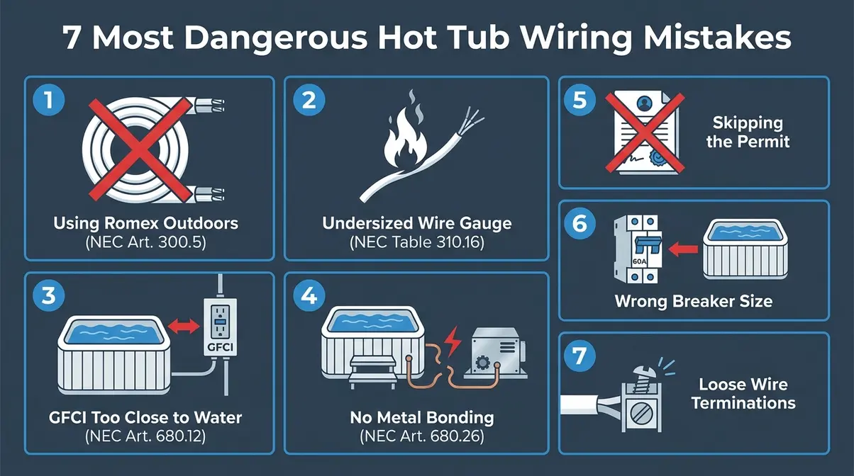Hot Tub Wiring How To: NEC-Compliant Guide (2026) 3 Infographic showing 7 dangerous hot tub wiring mistakes with NEC code references for each error