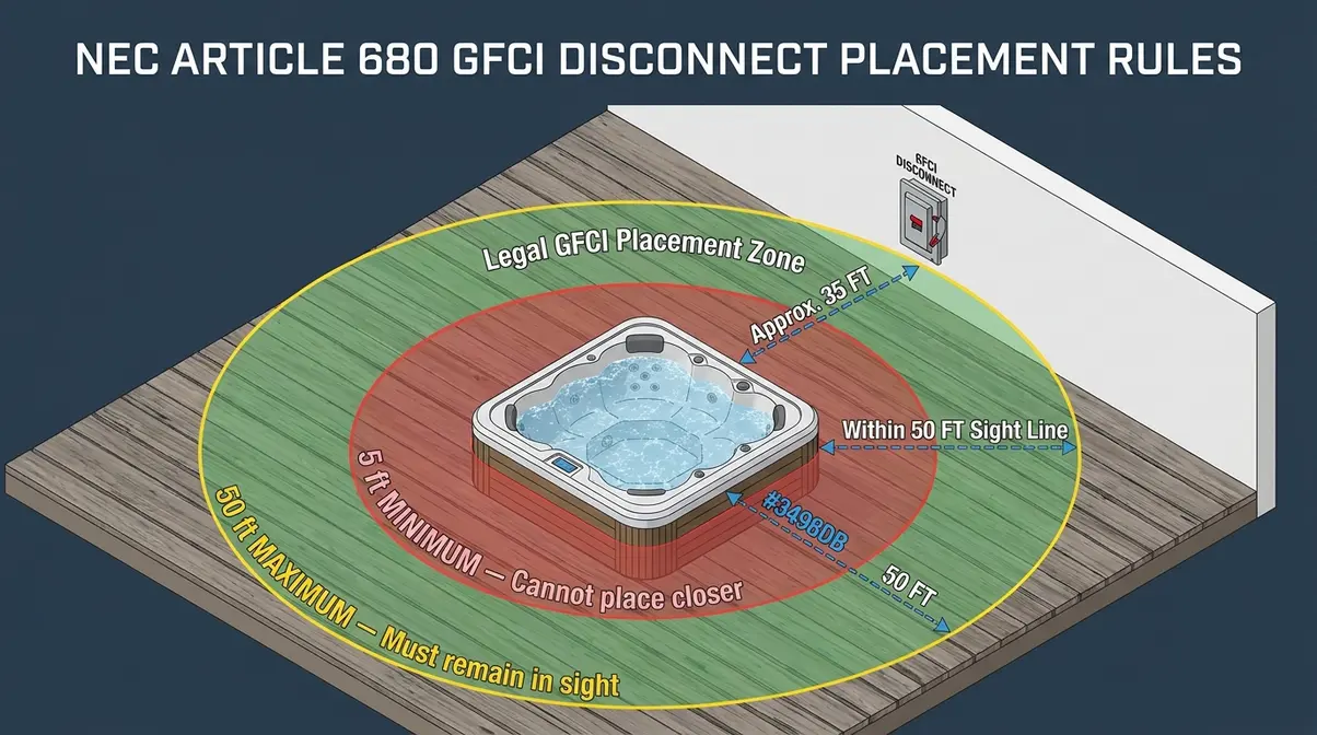 Hot Tub Wiring How To: NEC-Compliant Guide (2026) 7 Overhead diagram showing NEC Article 680 GFCI disconnect legal placement zone 5 to 50 feet from hot tub