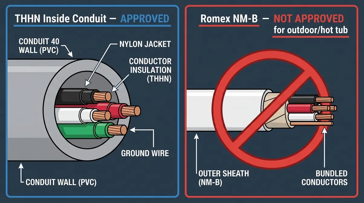 Hot Tub Wiring How To: NEC-Compliant Guide (2026) 6 Cross-section diagram comparing THHN wire in conduit versus Romex cable for hot tub wiring