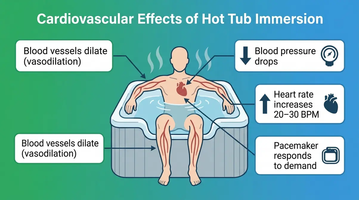 Hot Tub With a Pacemaker: Is It Safe? 2026 Guide 3 Diagram showing how hot tub heat causes vasodilation blood pressure drop and increased heart rate