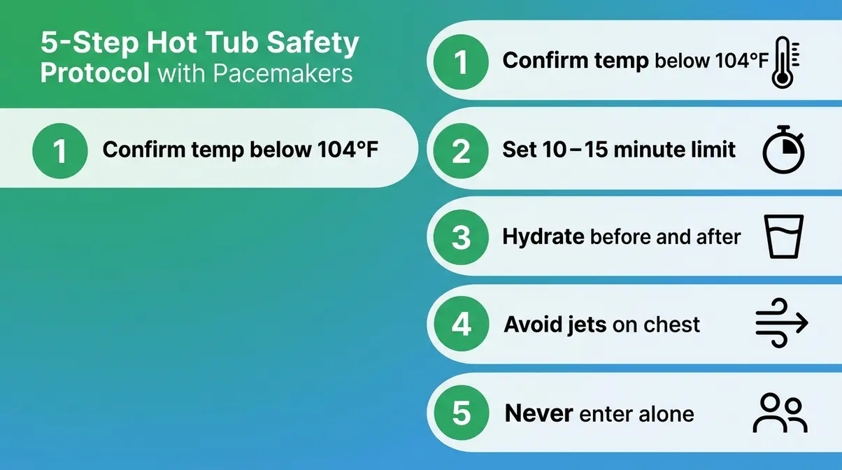Hot Tub With a Pacemaker: Is It Safe? 2026 Guide 6 Five-step hot tub safety protocol for pacemaker patients showing temperature time hydration jet and companion rules