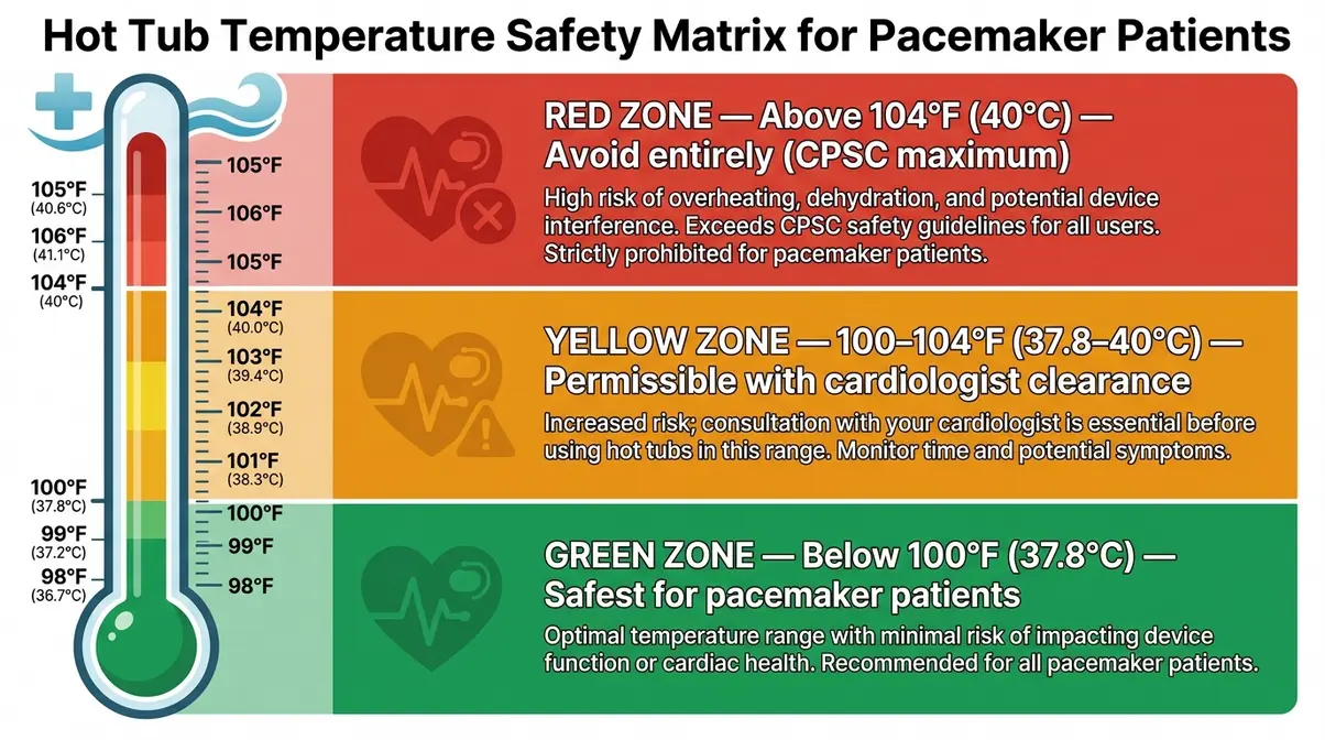 Hot Tub With a Pacemaker: Is It Safe? 2026 Guide 4 Hot tub temperature safety matrix for pacemaker patients showing green yellow and red zones