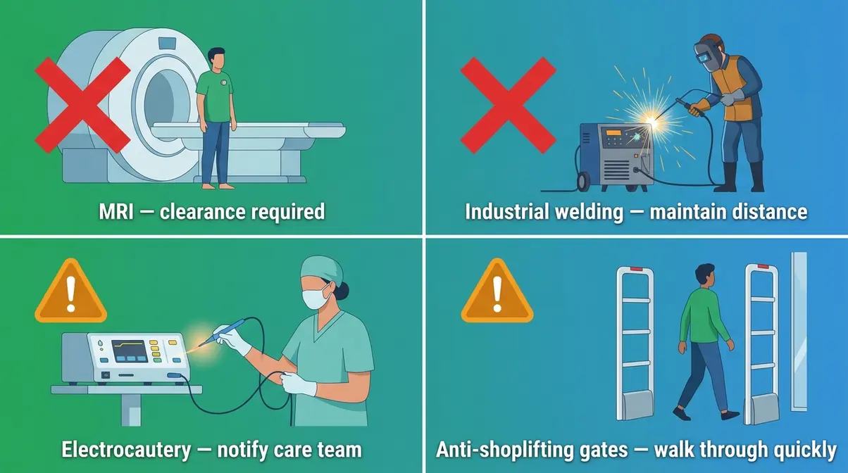 Hot Tub With a Pacemaker: Is It Safe? 2026 Guide 8 Four things pacemaker patients must avoid — MRI welding electrocautery and anti-theft gates illustrated guide