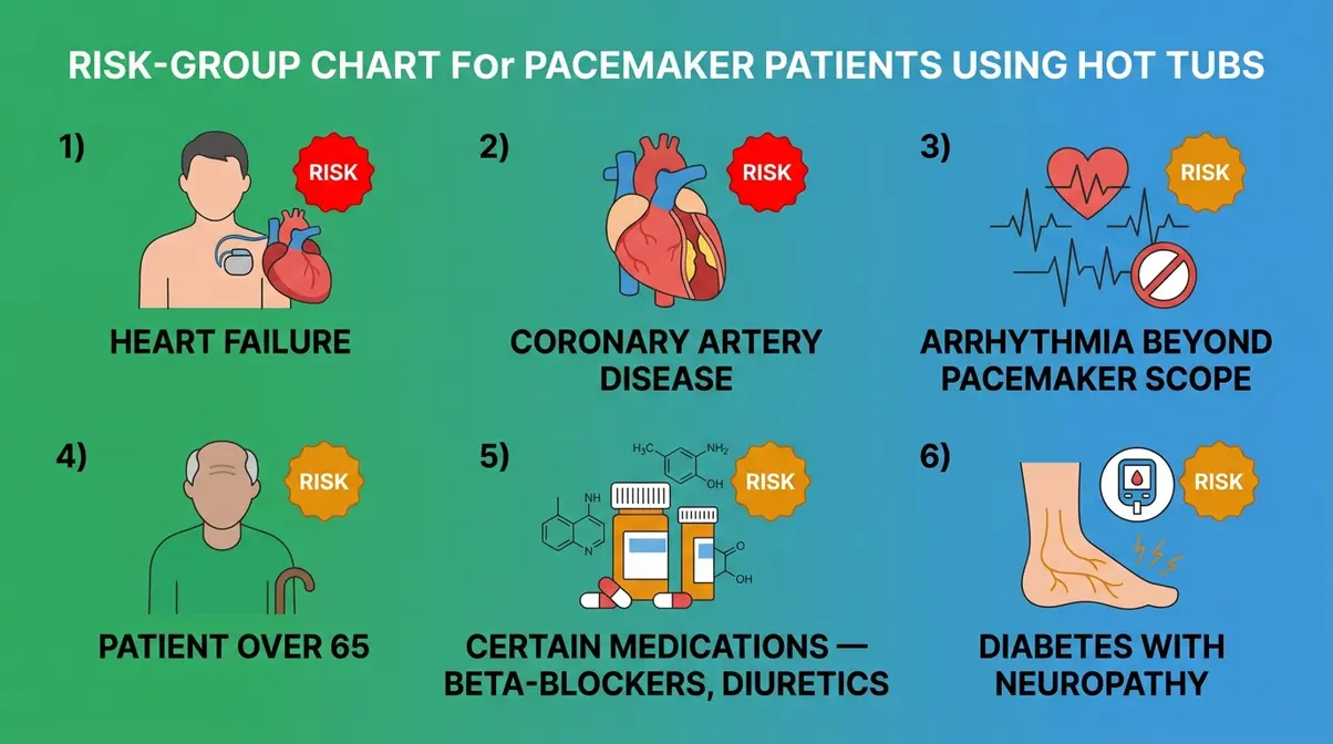 Hot Tub With a Pacemaker: Is It Safe? 2026 Guide 5 Chart showing six high-risk patient groups who face greatest cardiovascular risk in hot tubs