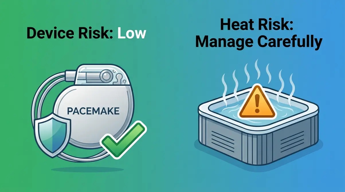 Hot Tub With a Pacemaker: Is It Safe? 2026 Guide 1 Illustration showing pacemaker device EMI safety versus hot tub heat physiology risk for patients