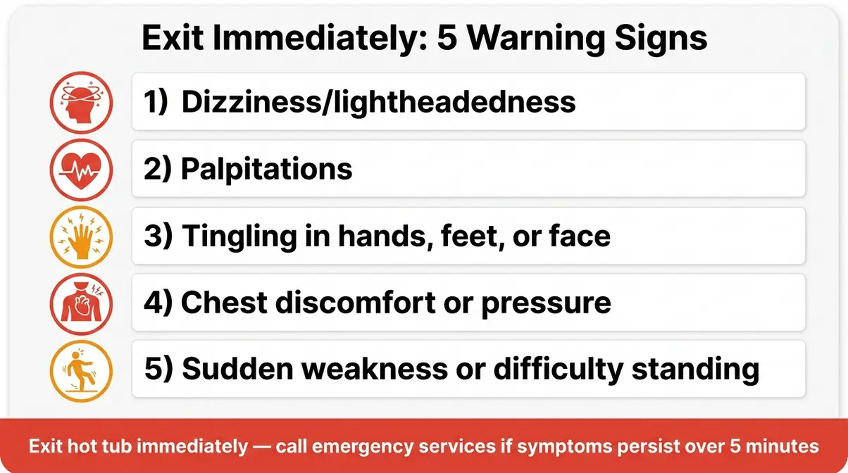 Hot Tub With a Pacemaker: Is It Safe? 2026 Guide 7 Pacemaker hot tub warning signs checklist showing five exit-immediately symptoms for safe use