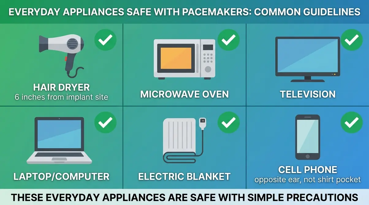 Hot Tub With a Pacemaker: Is It Safe? 2026 Guide 9 Grid showing six household appliances safe for pacemaker patients including hair dryer and cell phone with precautions