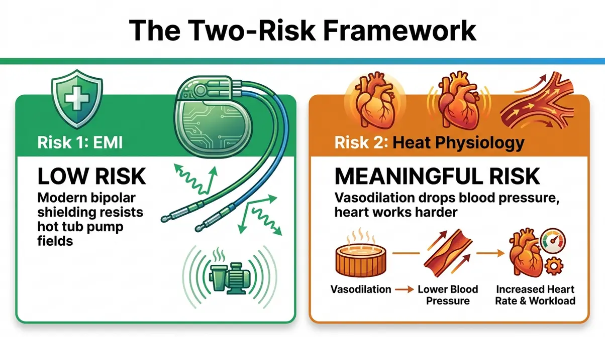 Hot Tub With a Pacemaker: Is It Safe? 2026 Guide 2 Hot tub with pacemaker safe risks explained — EMI versus heat physiology two-risk framework infographic