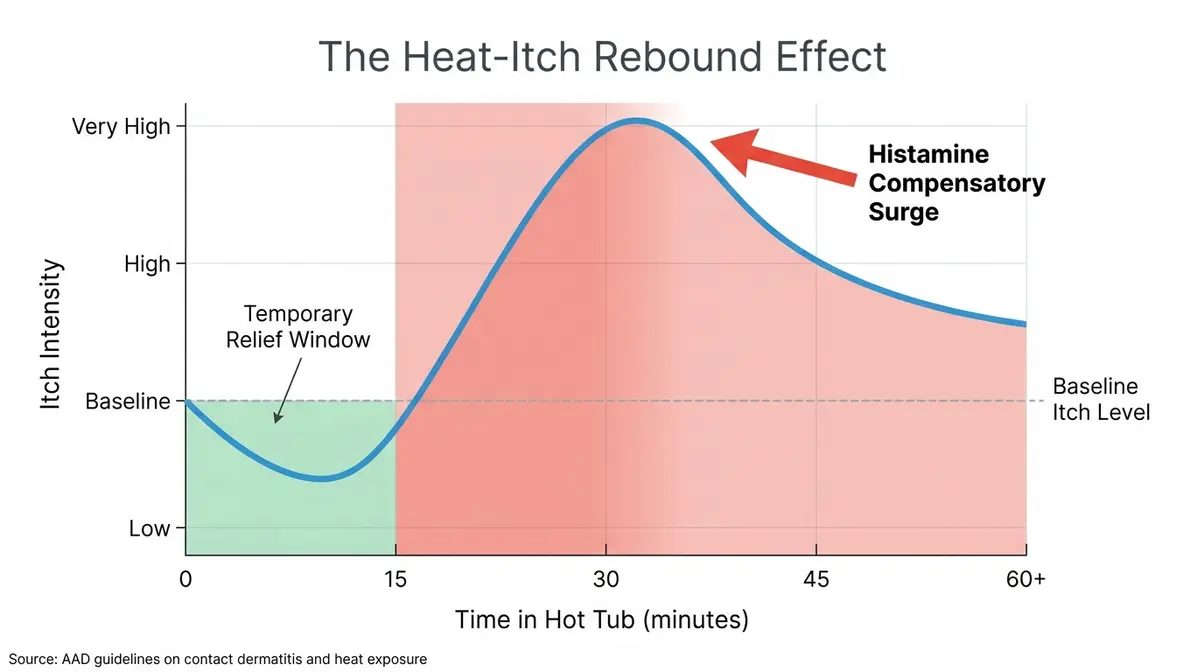 Diagram showing heat itch rebound effect histamine surge after hot tub exposure over time