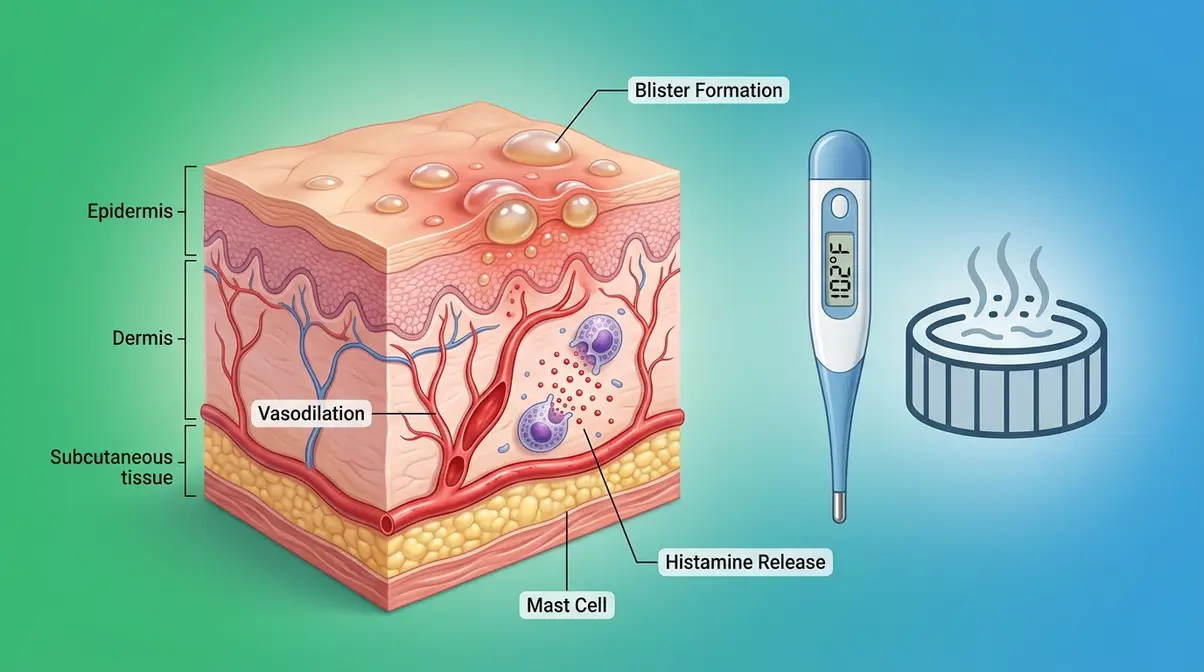 Medical illustration of poison ivy rash skin reaction showing histamine release and why hot tubs worsen inflammation