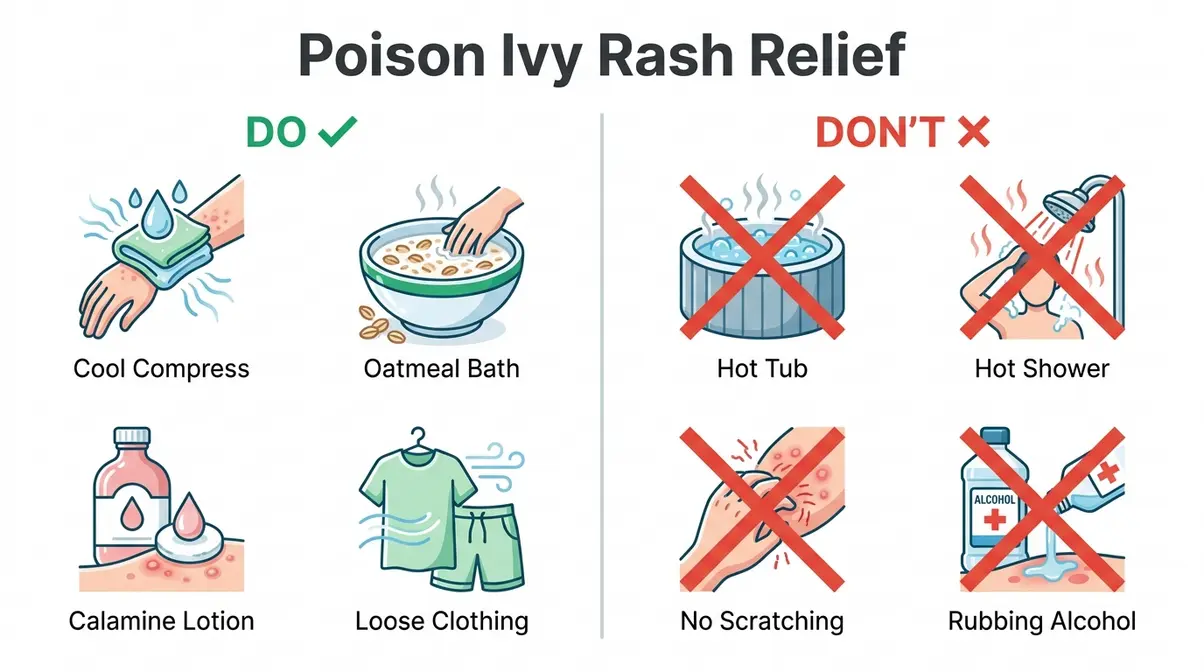 Poison ivy rash hot tub dos and donts infographic showing safe and unsafe relief methods