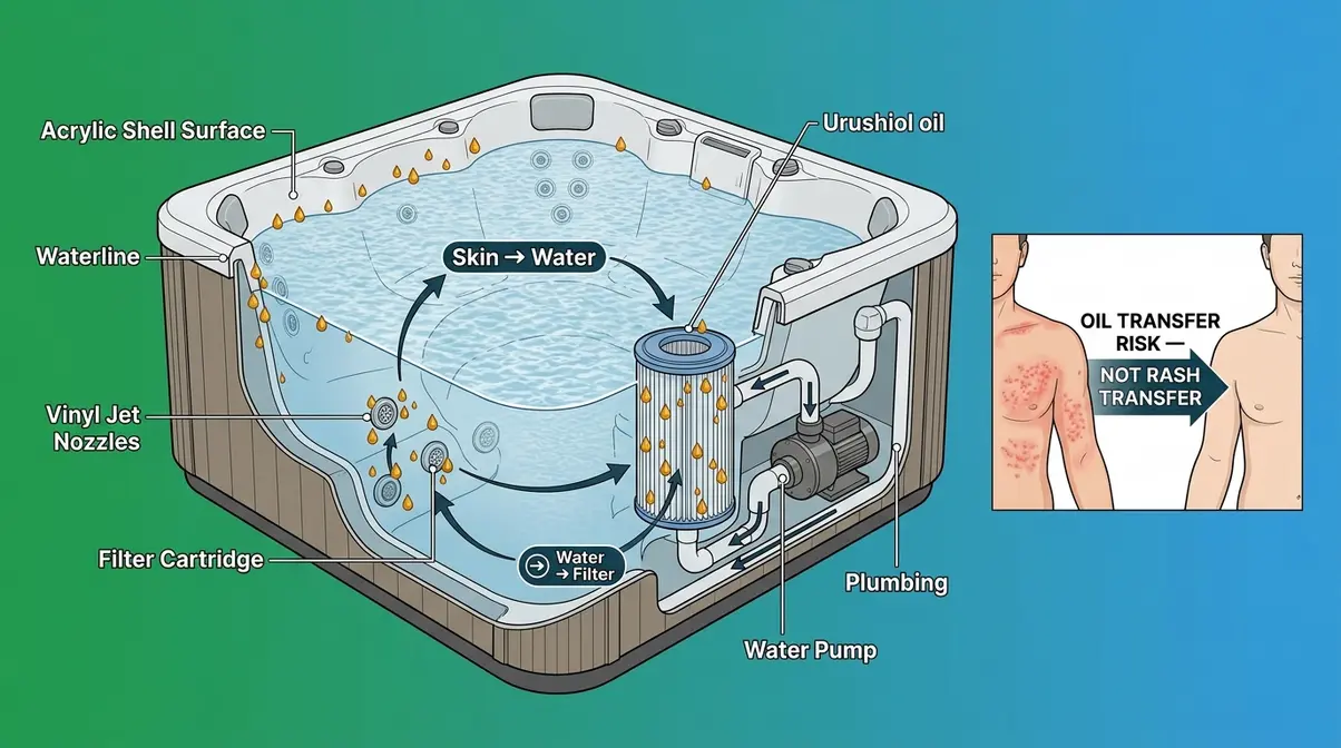 Diagram showing how urushiol oil contaminates hot tub filter and surfaces creating spread risk for others