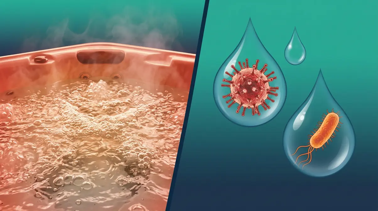 Hot tub with shingles unsafe showing VZV virus and Pseudomonas bacteria risks in warm water