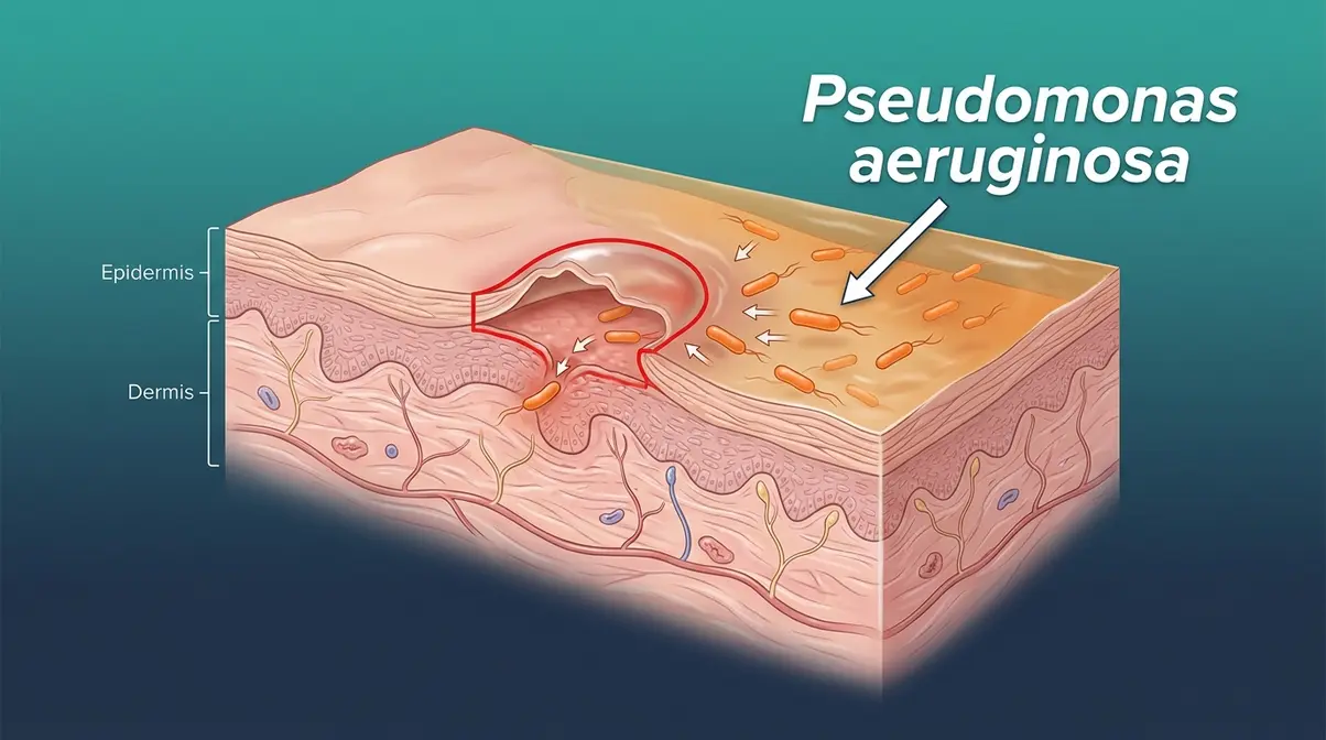 Pseudomonas aeruginosa bacteria entering open shingles blister wound in hot tub water illustration
