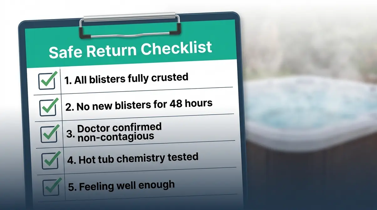 Safe return checklist for hot tub after shingles showing five required criteria before re-entry