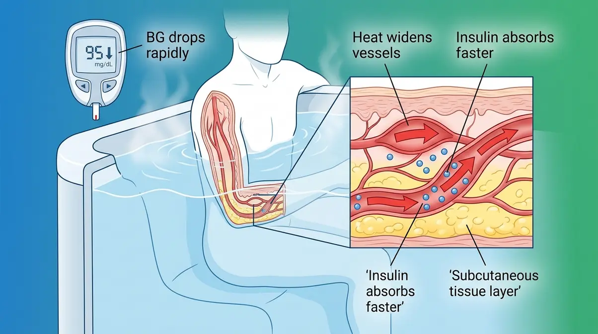 Medical illustration showing how hot tub heat causes vasodilation and accelerates insulin absorption affecting blood sugar