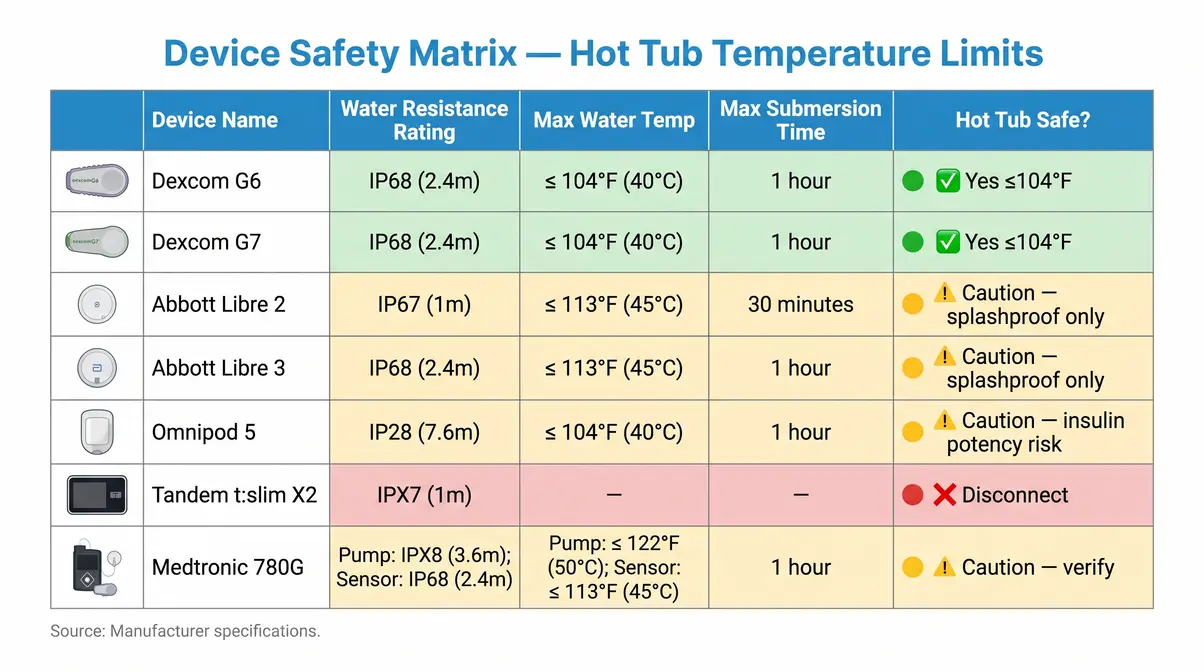 Insulin pump CGM hot tub temperature limits device safety matrix for Type 1 Diabetes color coded