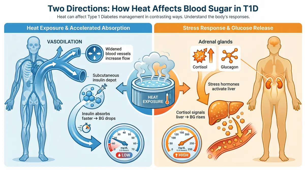 Hot tub Type 1 diabetes blood sugar dual effect infographic showing hypoglycemia and hyperglycemia pathways