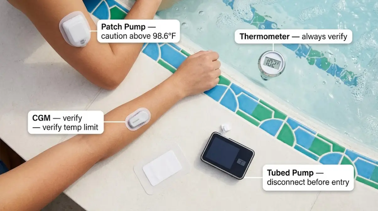 Insulin pump and CGM devices arranged beside hot tub showing protection steps for Type 1 Diabetes soaking