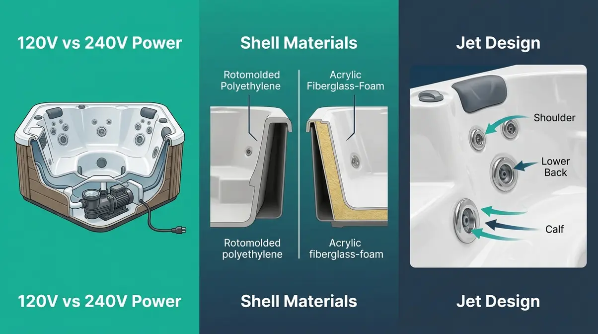 Hot tub technology diagram showing jet placement, shell construction types, and 120V versus 240V power systems