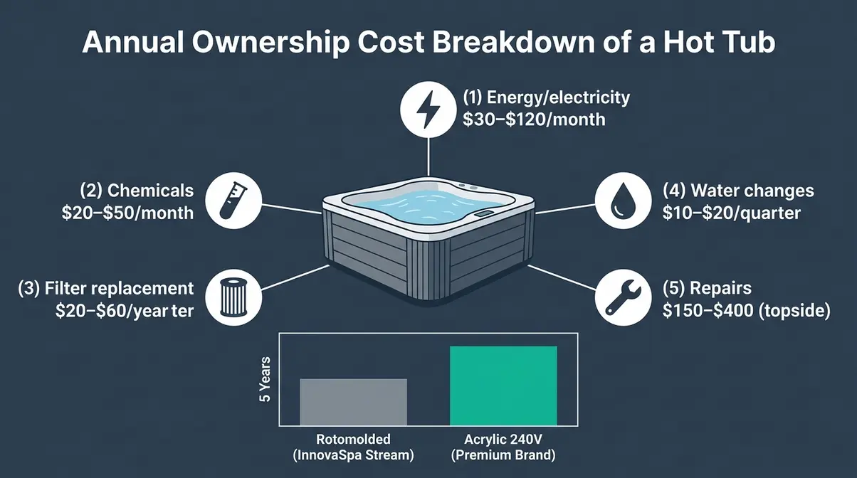 Hot tub ownership cost breakdown infographic showing monthly energy chemical filter and repair costs for rotomolded versus acrylic models