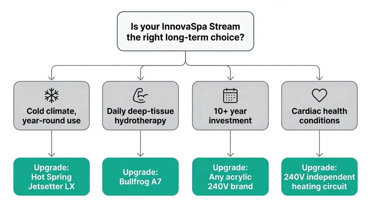 Hot tub upgrade decision guide showing four scenarios when to move from plug-and-play to premium 240V acrylic model