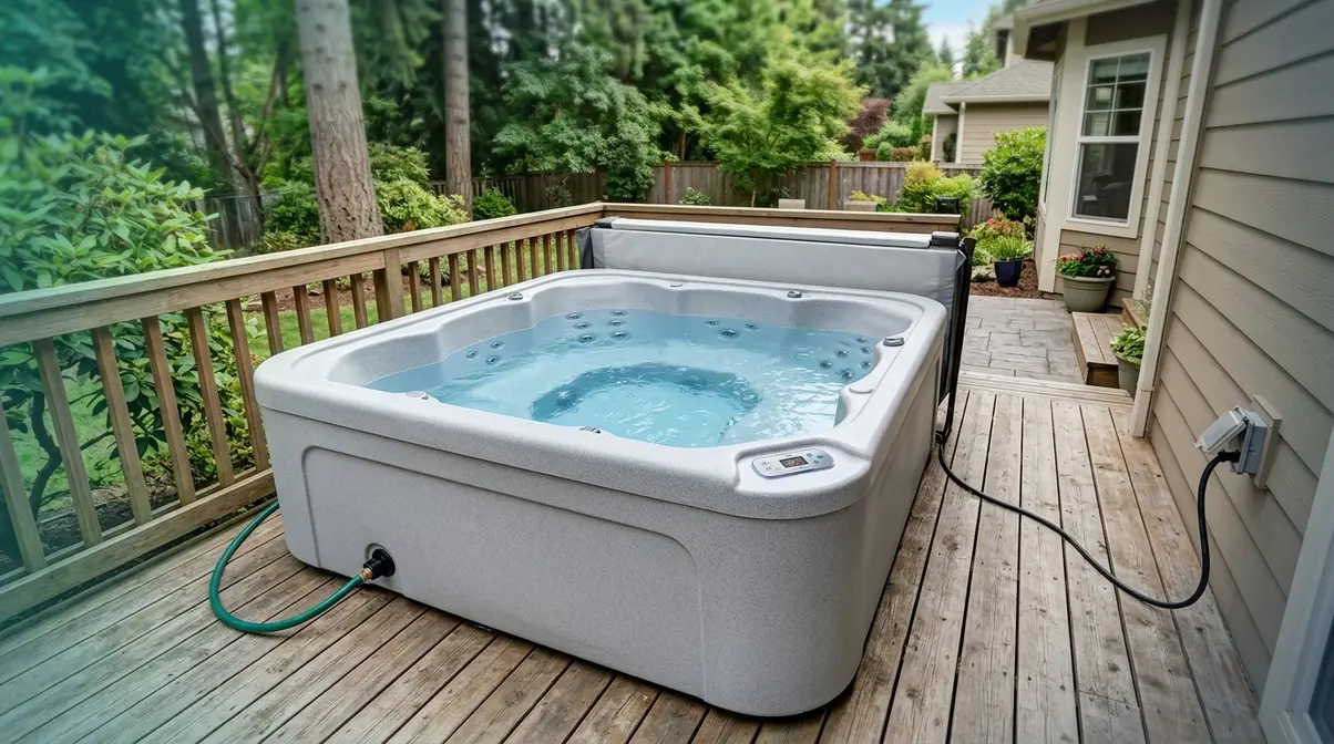 InnovaSpa Stream compact four-person plug-and-play hot tub on residential deck with topside control panel