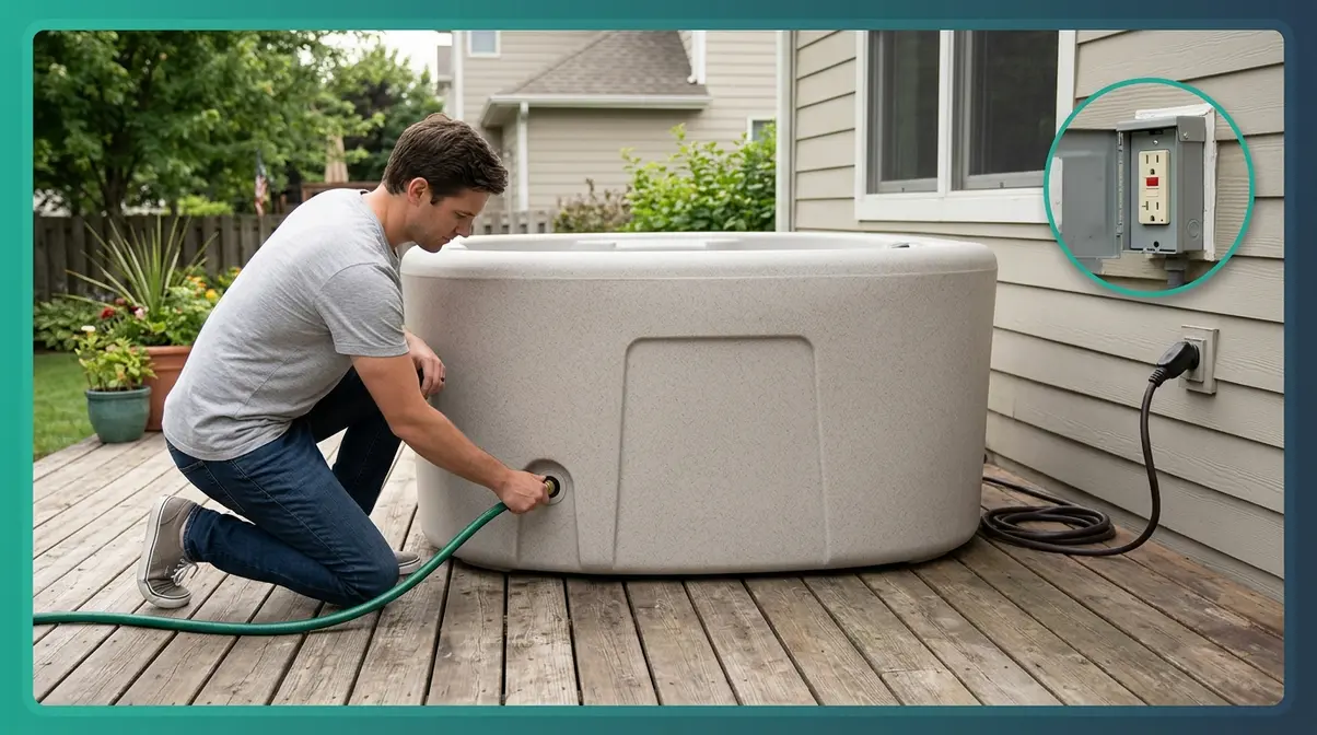 Plug and play hot tub on backyard deck connected to standard outdoor GFCI outlet with garden hose filling
