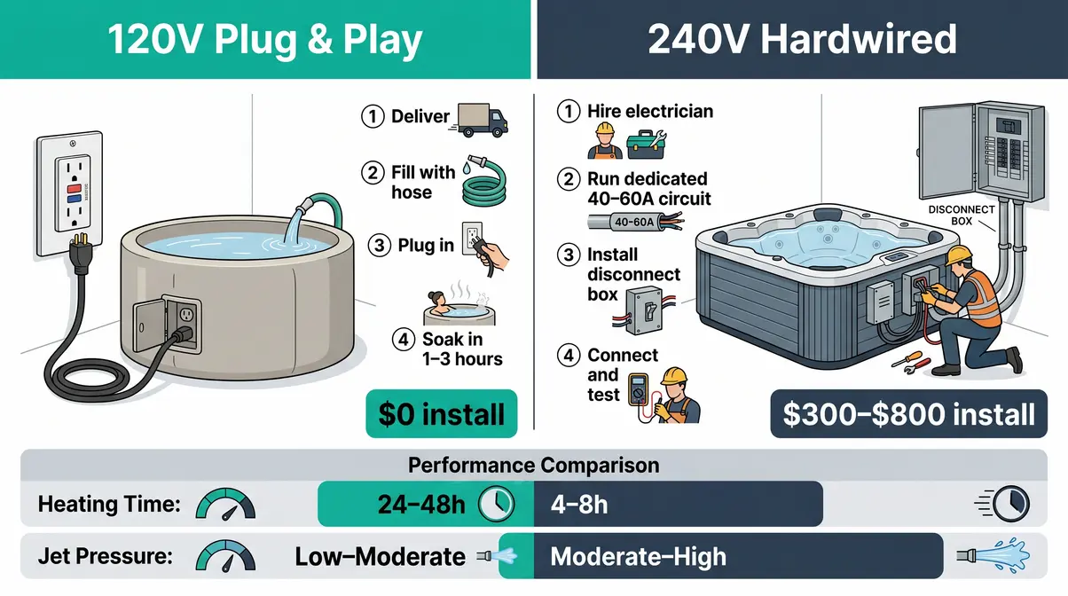 Diagram comparing plug-and-play 120V hot tub setup versus hardwired 240V installation requirements and costs