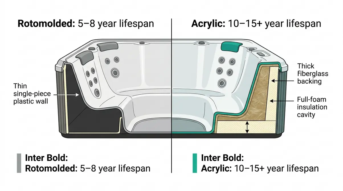 Cross-section cutaway comparing rotomolded polyethylene hot tub shell versus full-foam acrylic shell insulation thickness