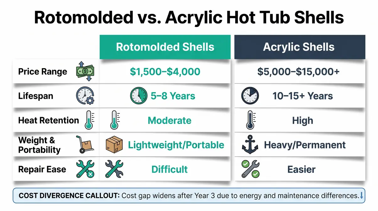 Infographic comparing rotomolded and acrylic hot tub shells across cost, durability, heat retention, weight, and lifespan