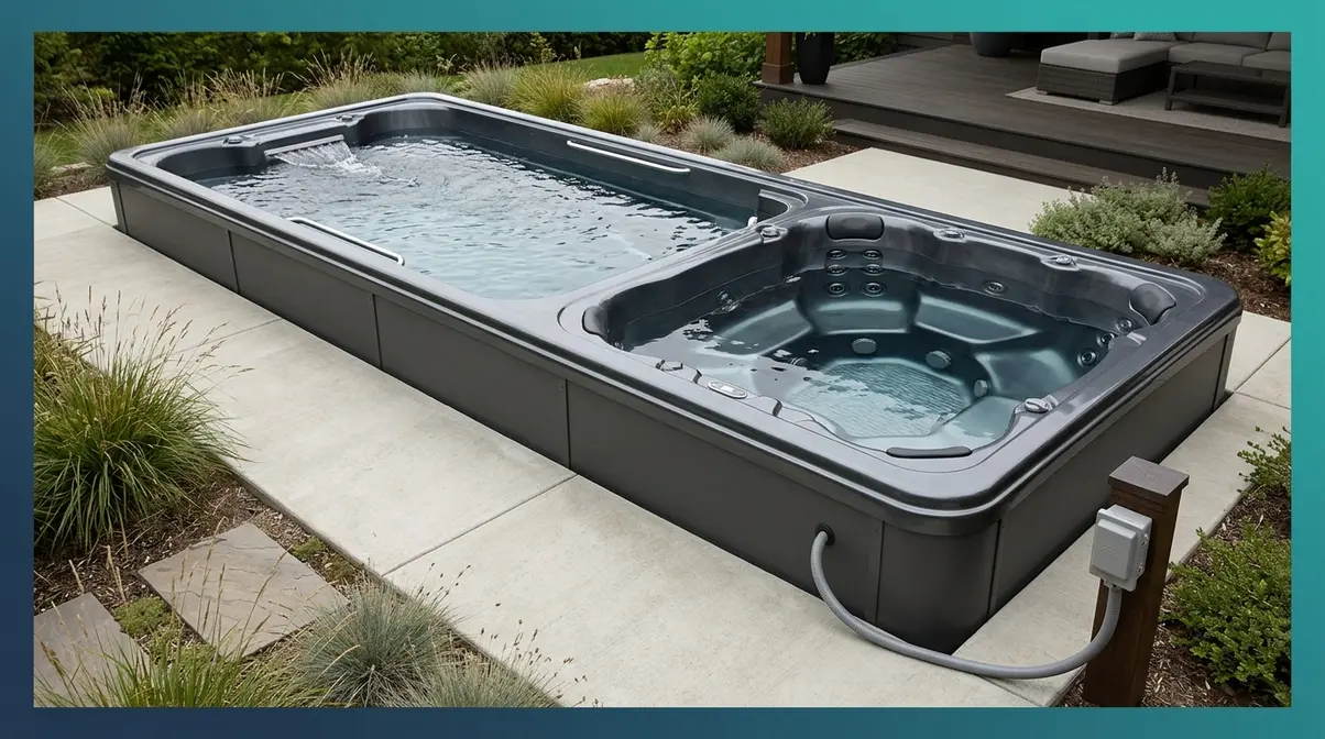Sundance Spas Stream Series dual-zone swim spa with swim current zone and hot tub relaxation zone in backyard