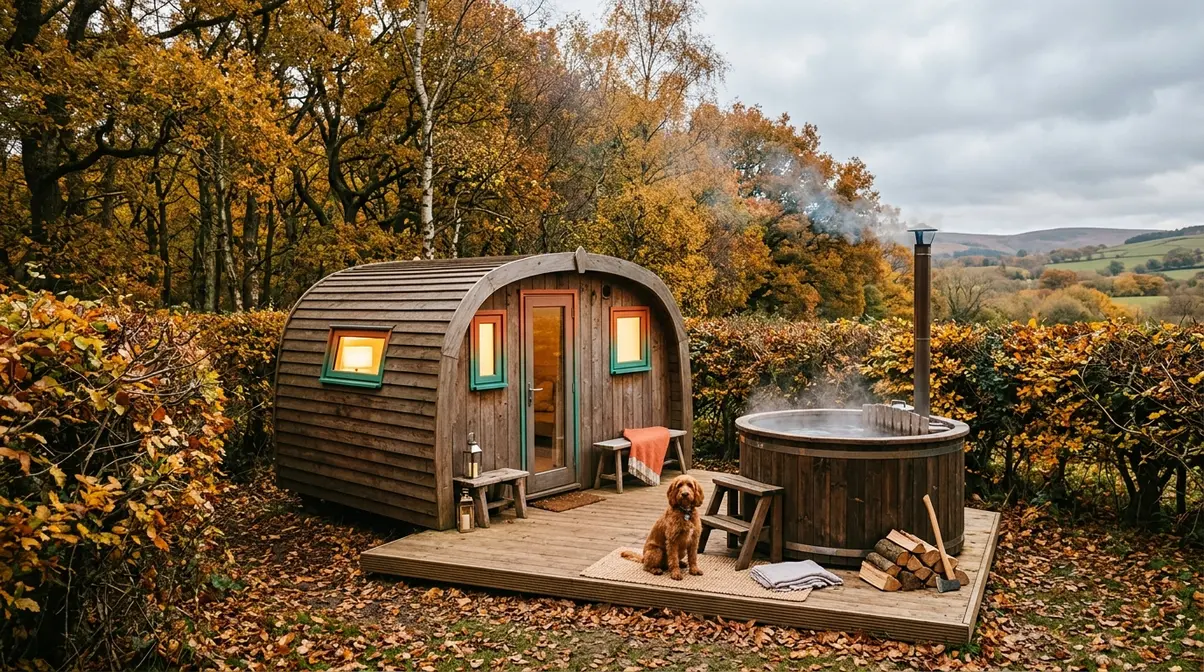 Budget glamping pod in Wales with wood-fired private hot tub on enclosed decking surrounded by hedgerows
