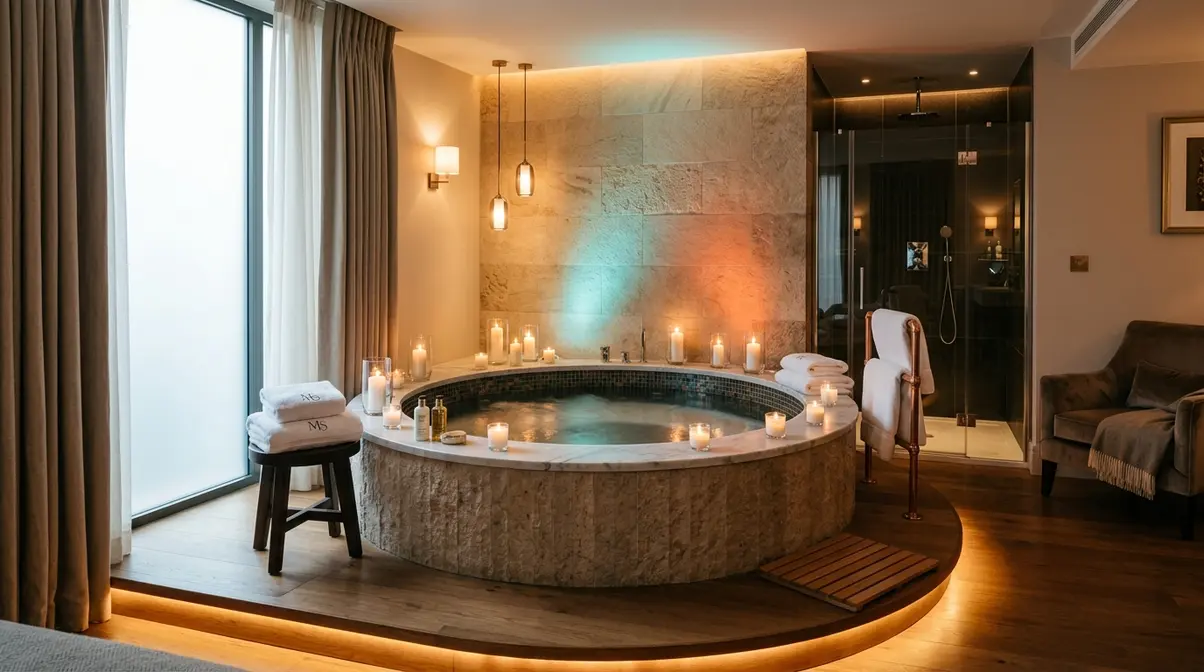 Luxury in-room hot tub suite interior at a UK boutique hotel with mood lighting and private frosted windows