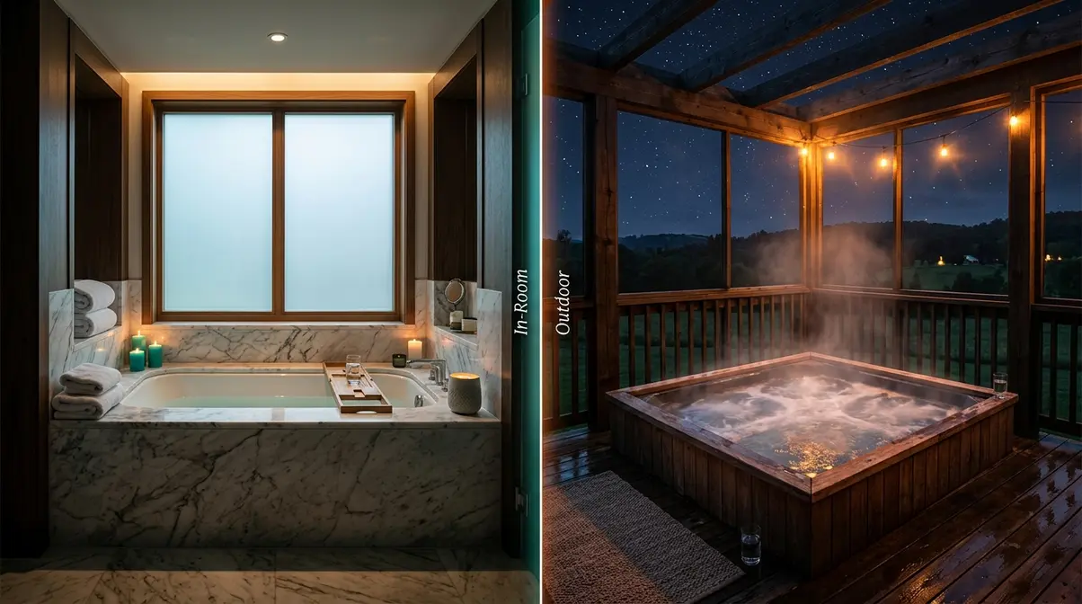 Side-by-side comparison of an in-room hotel spa bath and a private outdoor hot tub on a screened terrace