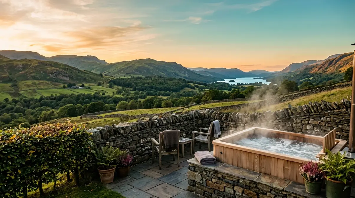 Private outdoor hot tub at a Lake District hotel terrace overlooking dramatic fell and lake scenery