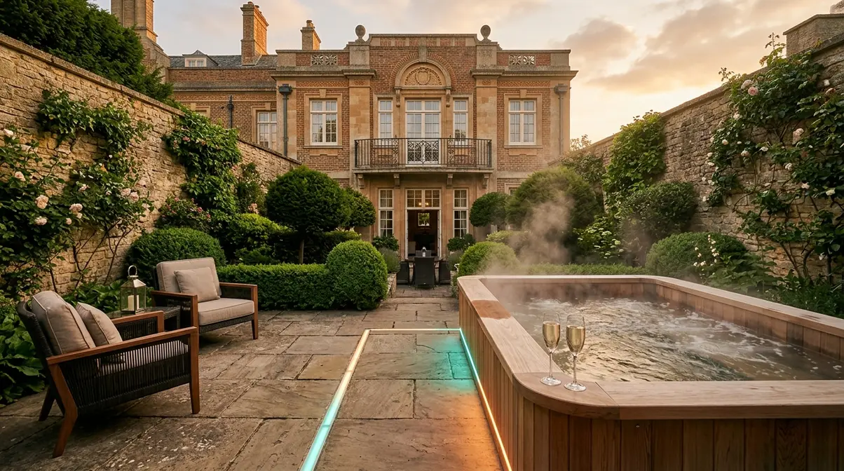 Luxury private outdoor hot tub suite at a Somerset country house hotel with fully enclosed stone terrace