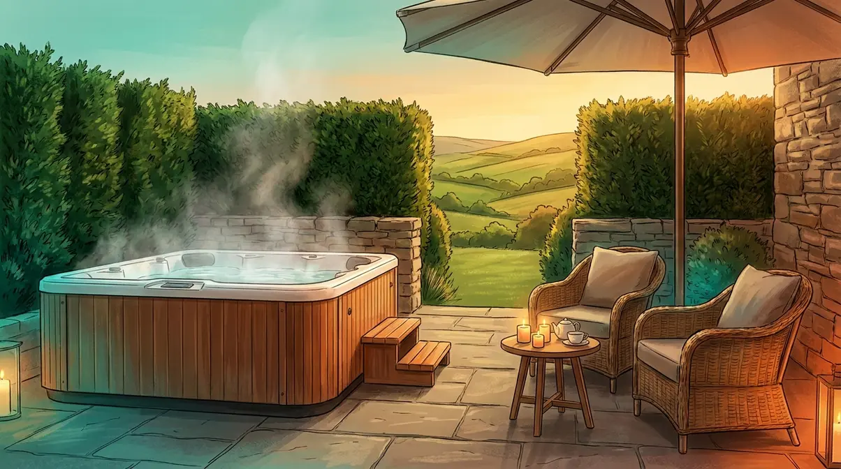 Luxury UK hotel outdoor hot tub suite with fully secluded countryside terrace and privacy screening
